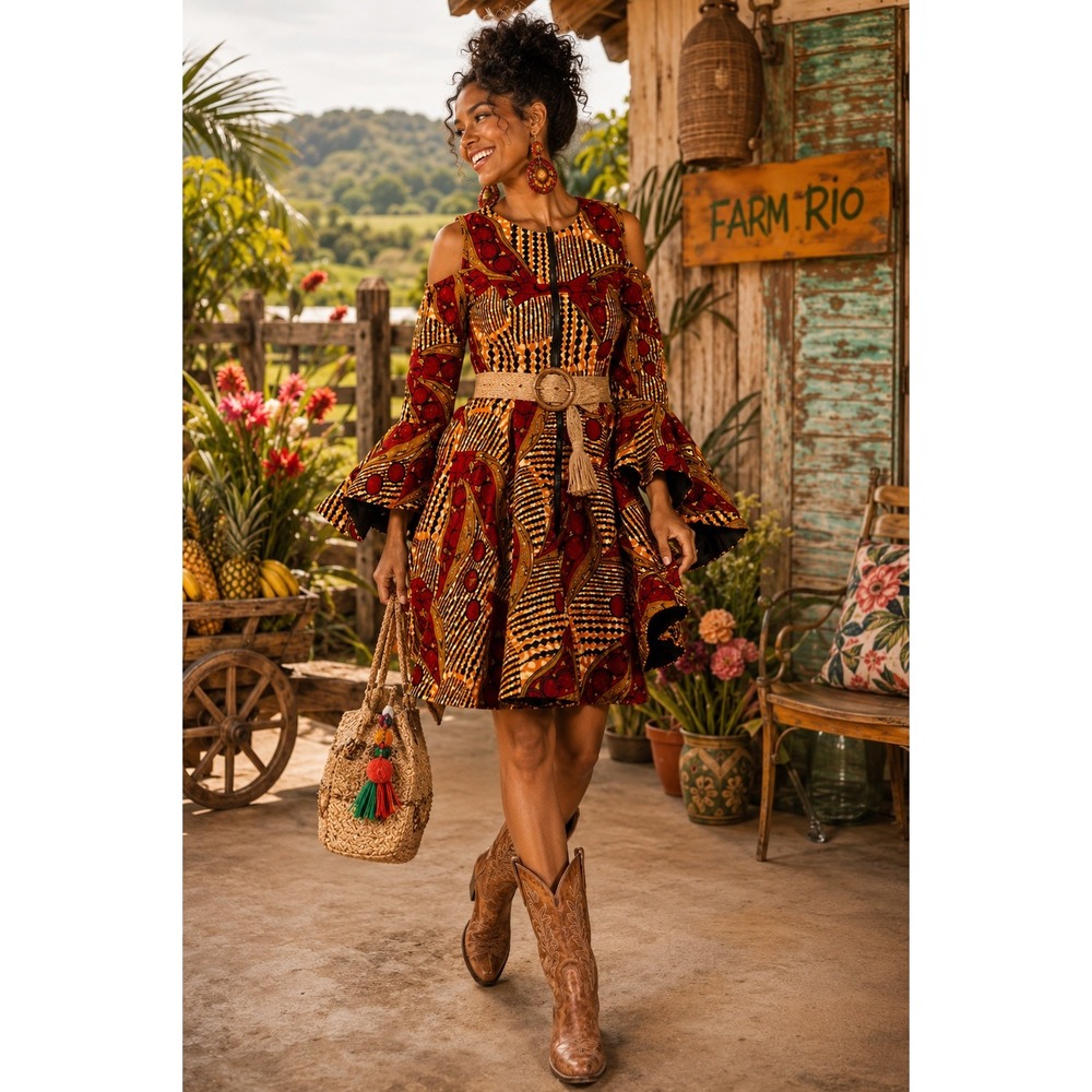Ray Darten AYOOLA African Print JACKET FLARE Dress Bell Sleeve NIGERIA SMALL ZIP